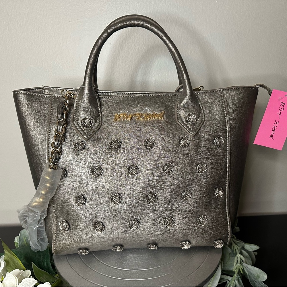 Betsy Johnson Large Pewter Smell The Roses Tote Adorned With Roses NWT